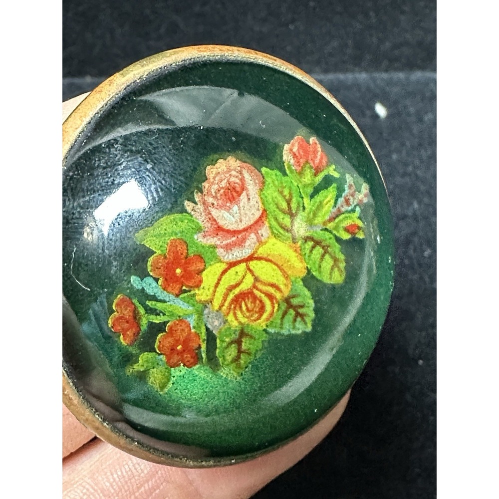 Vintage Hand Painted Floral Glass Brooch Green Domed Rose Pin MCM Antique - Picture 12 of 12